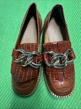 ASOS Brown Croc-Embossed Kids Loafers with Chunky Silver Chain